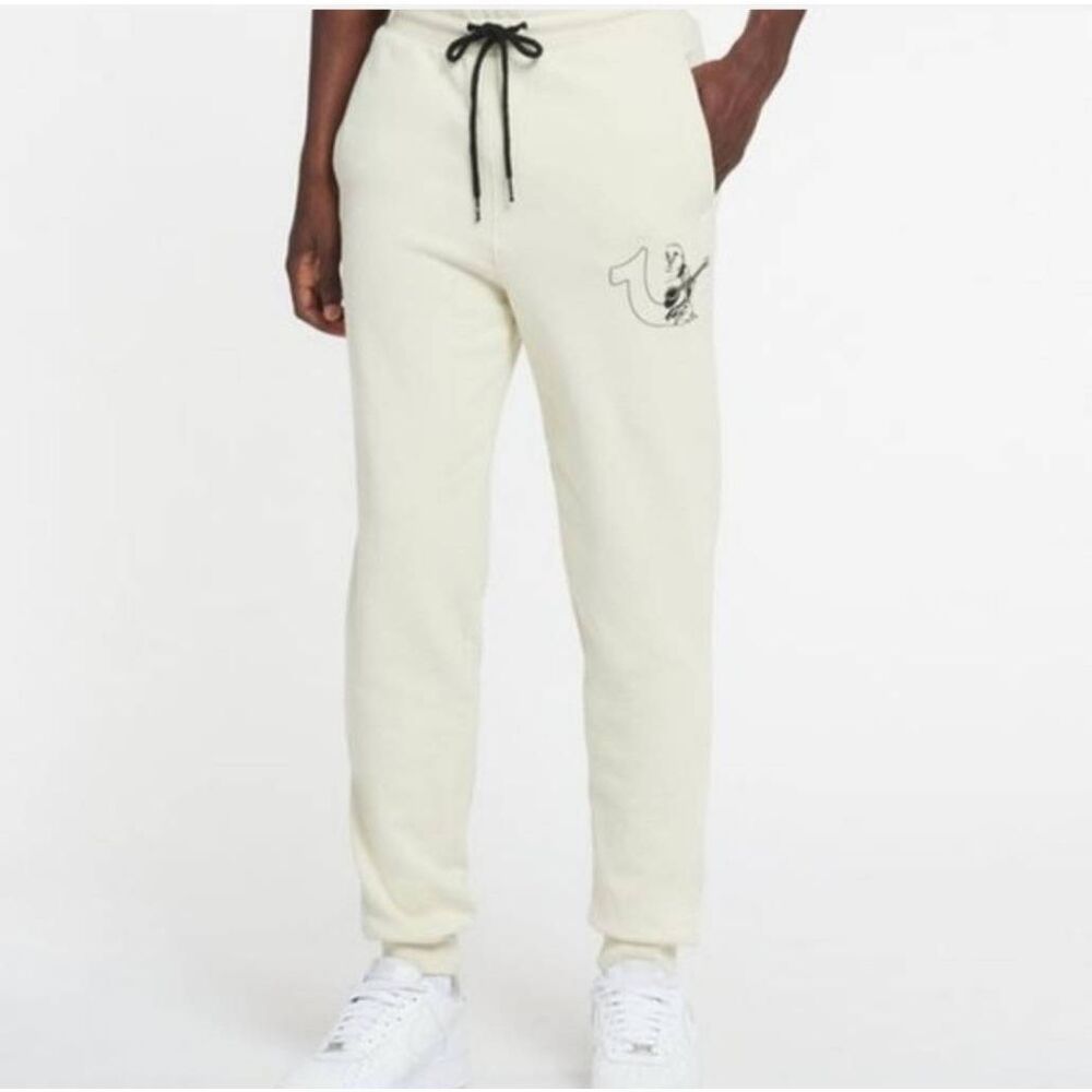 True Religion Cream Double Knit Branded Slim Joggers Size Large *Flaws*